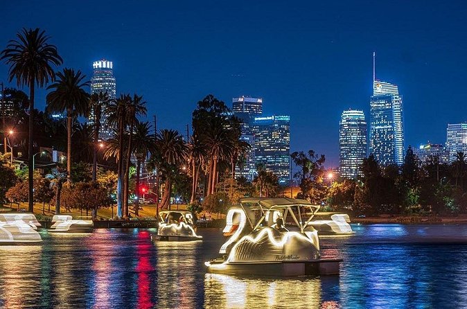 Swan Boat Night Ride at Echo Park Lake - The actual night loop: LED lights, city views, and fountain jets